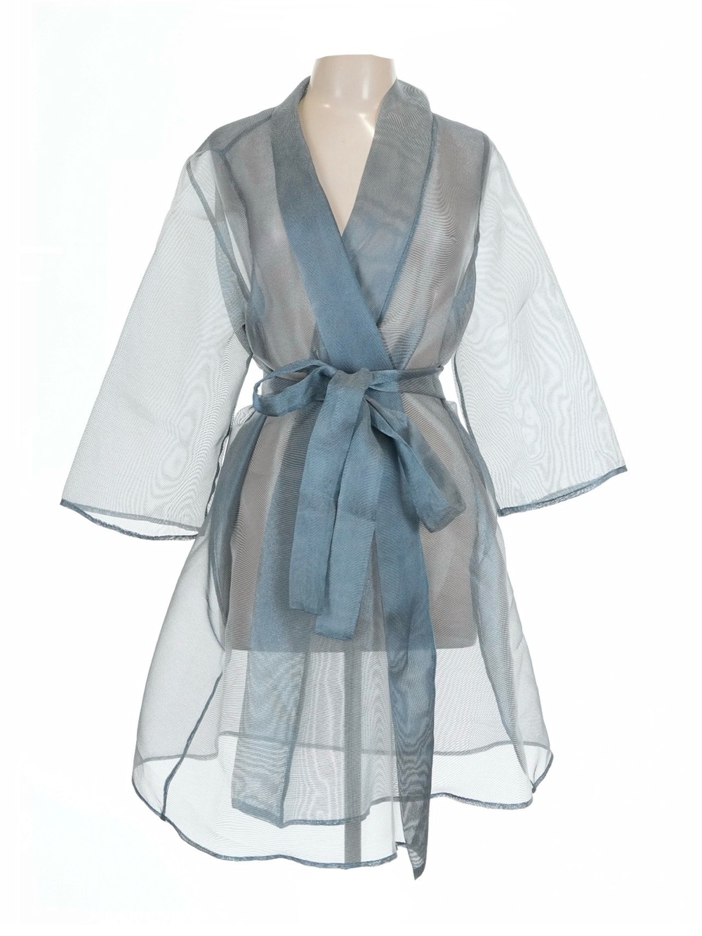 Marina Rinaldi Italy Organza Duster Coat Steel Blue Sage Gray Belted Size US 14